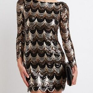 Charlotte Russe Black and Gold Sequin Long Sleeve Dress M